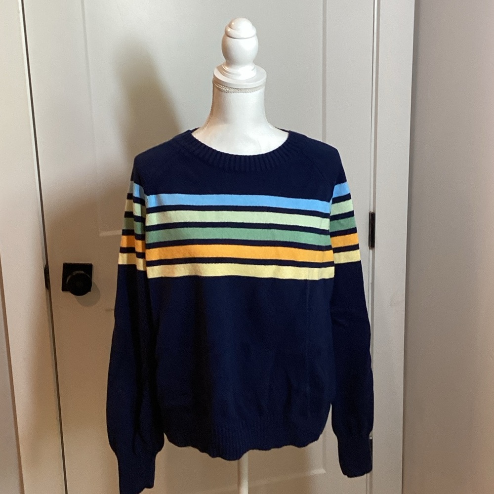 Lands' End Men's Navy Sweater with Colorful Stripes